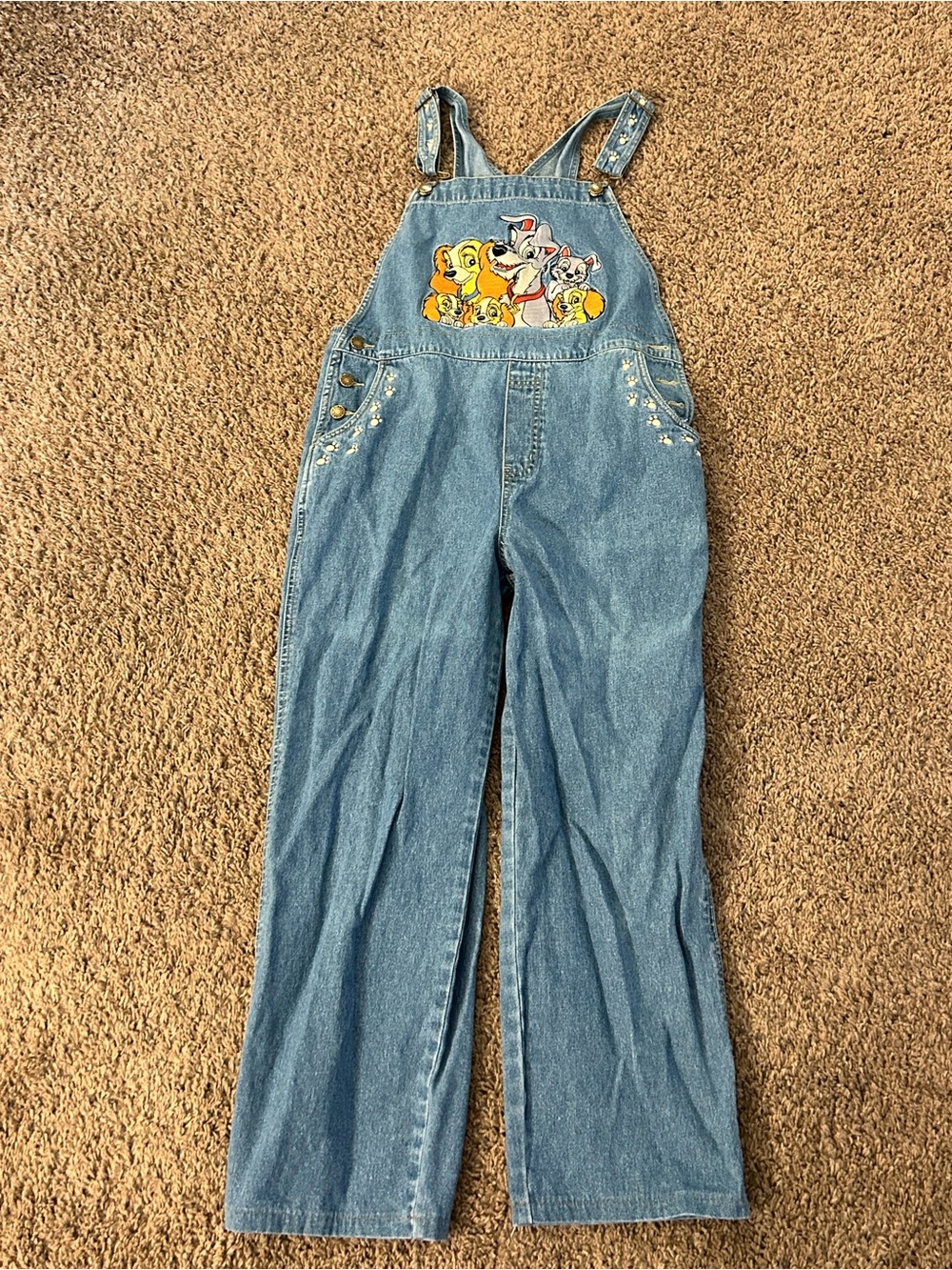 Vintage medium women lady & the tramp embroidered overalls denim rare